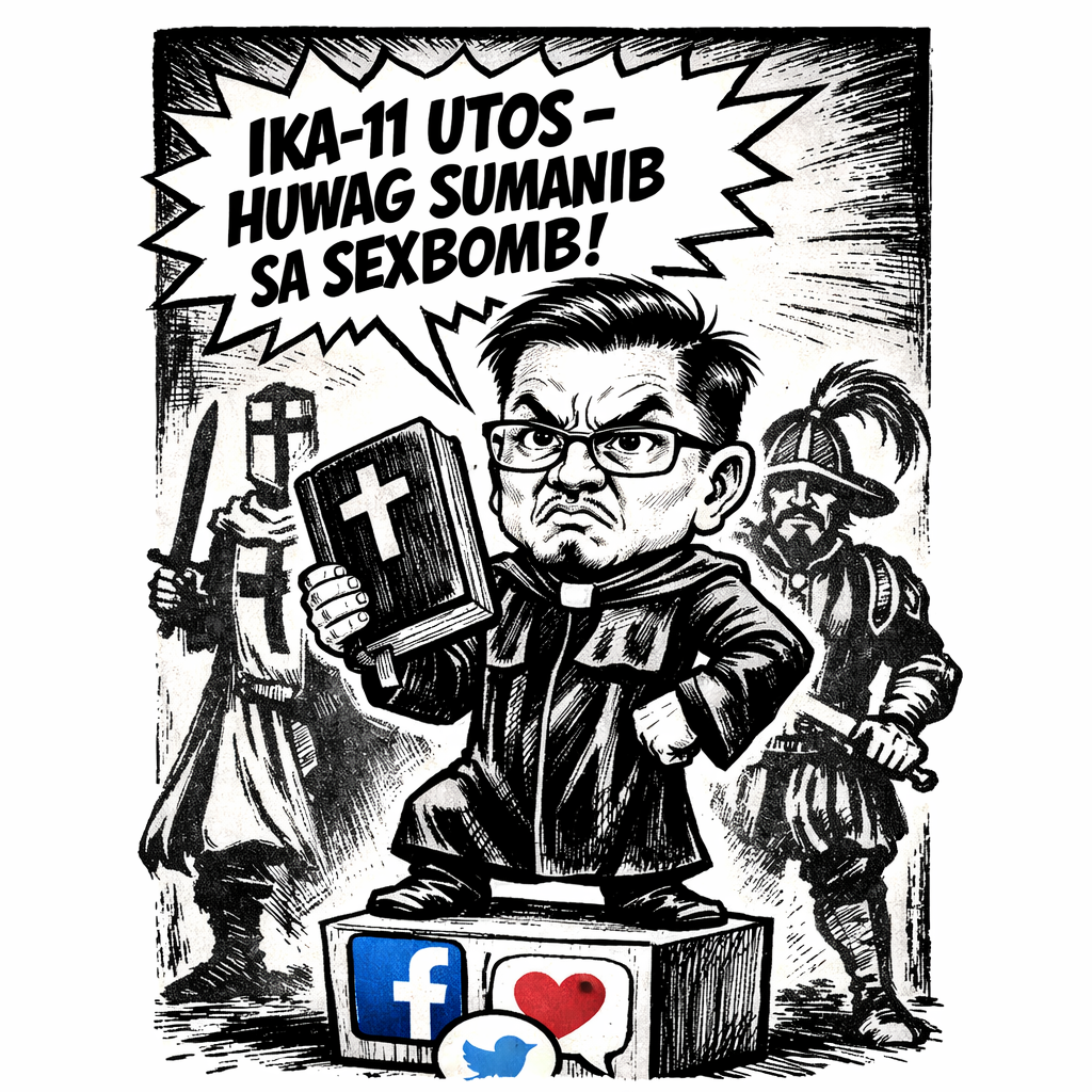 Black-and-white editorial cartoon of Alvin Aragon caricature holding a Bible while shouting “Ika-11 utos – Huwag sumanib sa SexBomb!” standing on a pedestal with social media icons and shadowy crusader figures behind him.